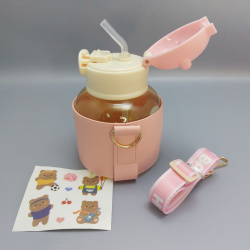 Бутылка детская пластиковая, с клапаном, с чехлом на ремне, цвет РОЗОВЫЙ 550мл.